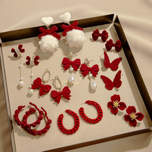 银针2025酒红植绒耳环 气质氛围感蝴蝶结玫瑰新年春节中国风耳钉