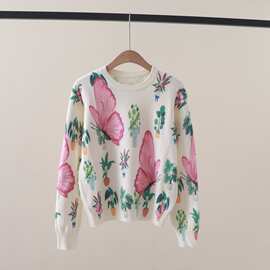 秋冬新款粉色蝴蝶印花图案圆领套头针织衫外穿内搭打底毛衣