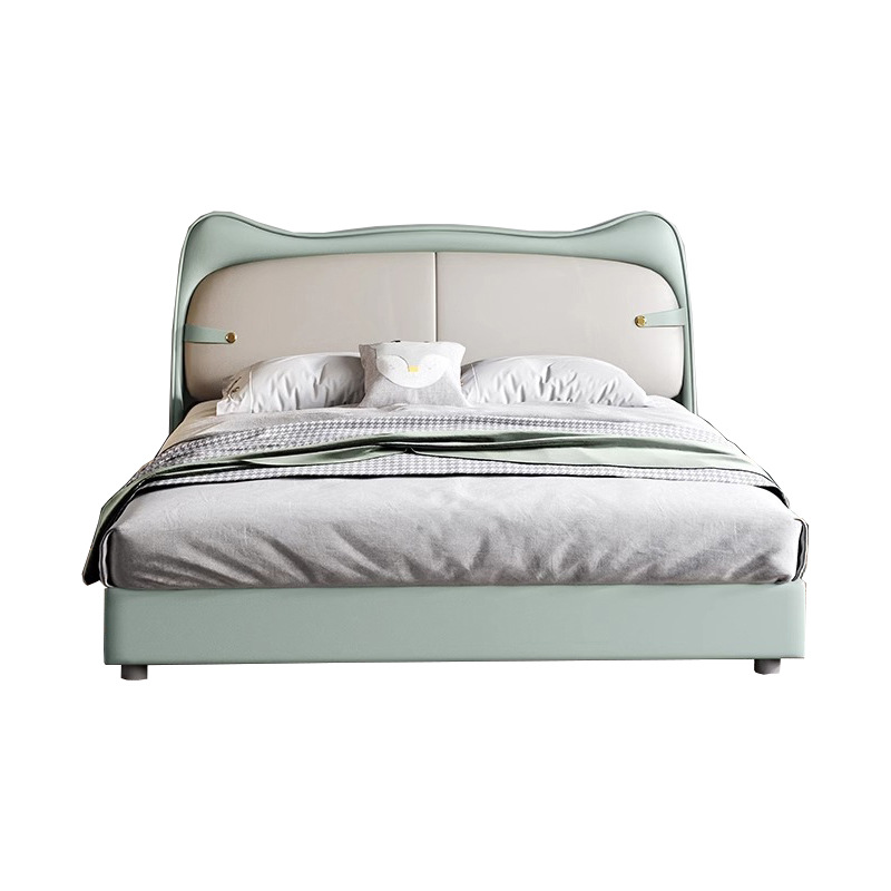 Cama infantil, cama de niña, cama de princesa, cama de orejas de gato moderna y simple con cajón de almacenamiento, cama de cuero de madera maciza pequeña