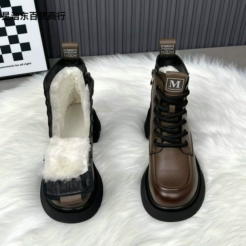 Ботинки Martens‑style низкие с тёплой подкладкой, противоскользящая платформа, чёрные/коричневые, 35–40