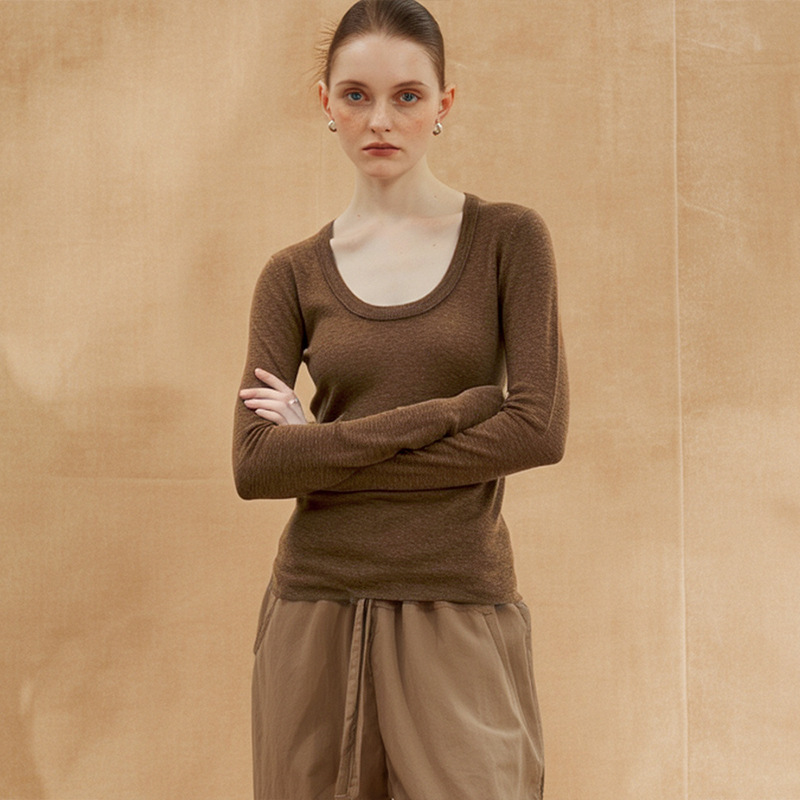 Old Money Style Linen Knitwear Spring Lightweight Sheer Round Neck Casual Long-Sleeved T-Shirt Elastic Slim Fit Women's Cotton and Linen Top