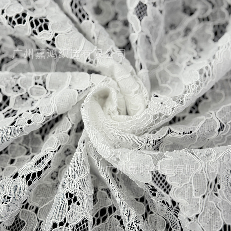 Tejido de encaje de pestañas de hebra 145 * 140cm encaje blanco y negro fábrica de albaricoques en stock de ropa de mujer tela de vestido
