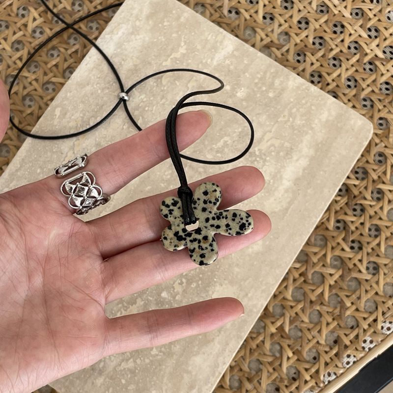 韩版天然石斑点虎眼花朵吊坠项链小众简约高级感长款可调节颈链|undefined