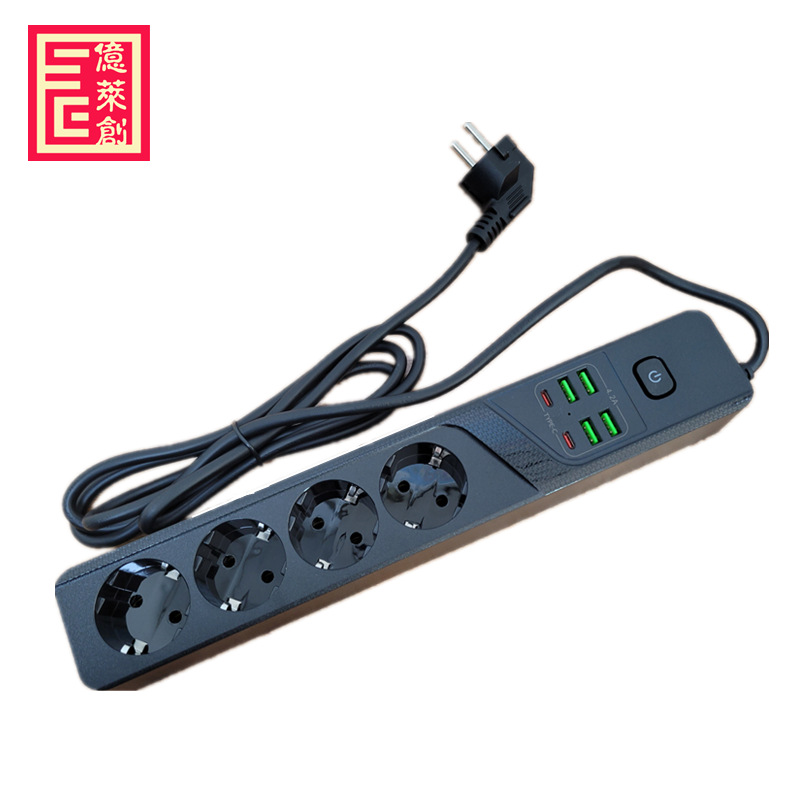 欧规USB排插10A大功率多功能Type C欧标拖线板桌面防过载开关插座