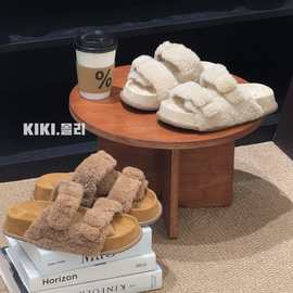 复古厚底一字拖毛毛鞋女外穿2025新款百搭小个子增高羊羔毛拖鞋潮