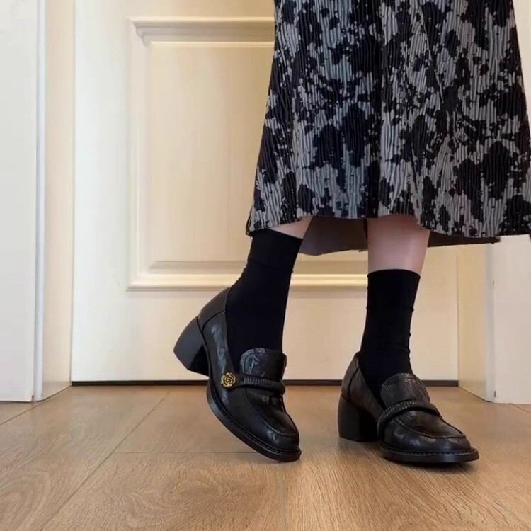 羊皮版~学院风真皮圆头粗跟乐福鞋女2025新款百搭一脚蹬懒人单鞋|undefined