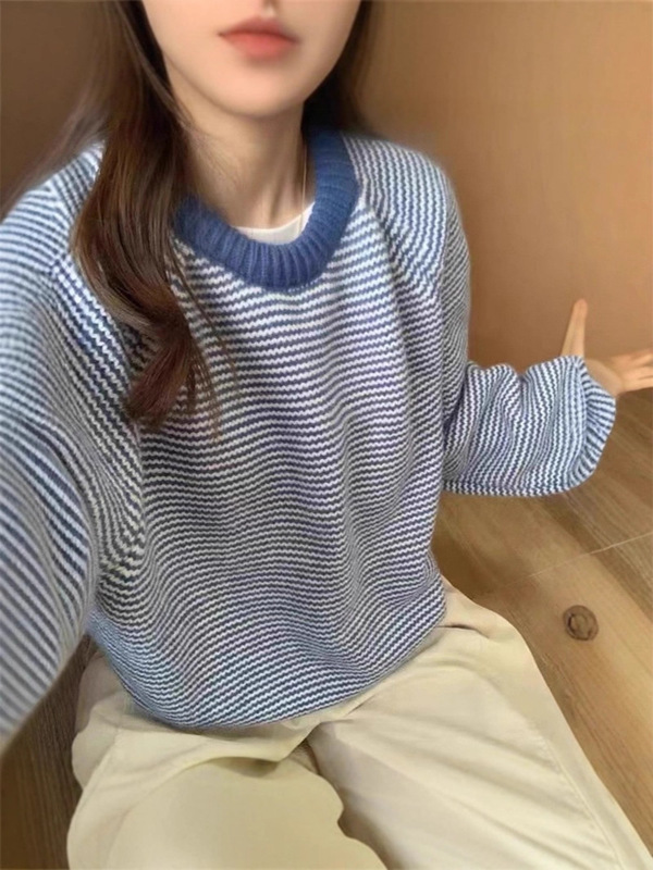 韩系复古撞色条纹蓝色毛衣女秋冬宽松慵懒高级感休闲加厚针织上衣|undefined