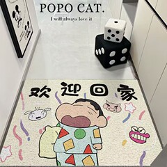 漫画の糸の輪の地面はクレヨンの小さい新しい家に入って玄関に入って土の足をこすって家庭の部屋の玄関のじゅうたんを敷きます。