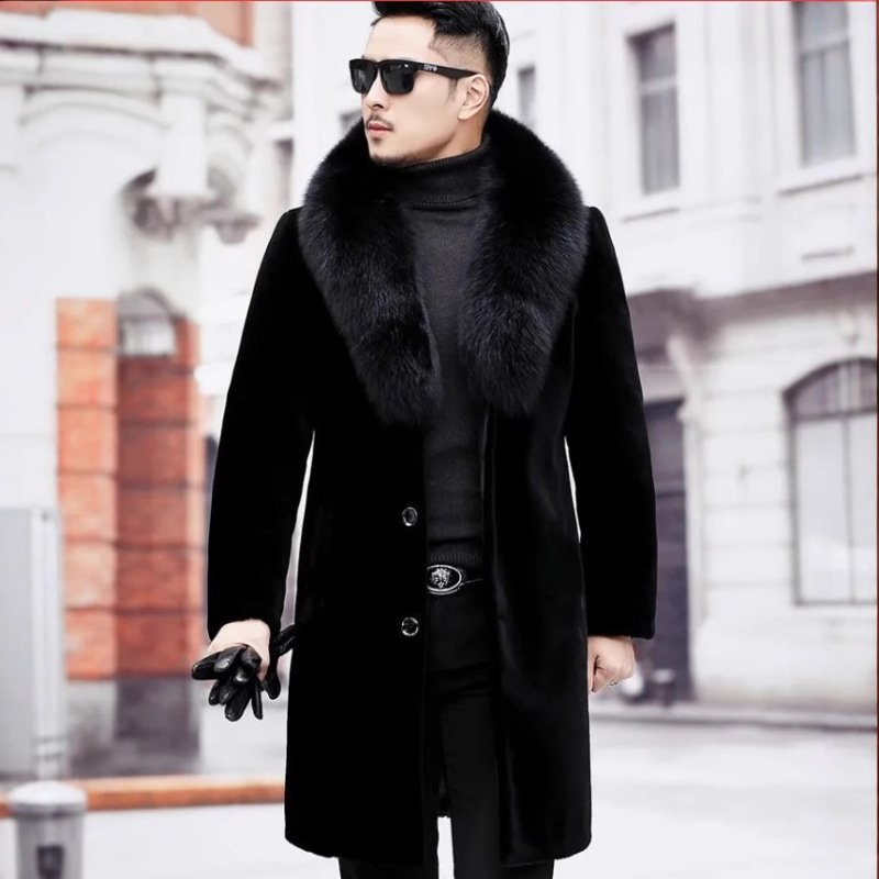 Men's Mid-Length Fur Coat, Haining Fur Integrated Faux Mink Fur, Warm Middle-Aged and Elderly Men's Jacket, Gentleman Slim Fit