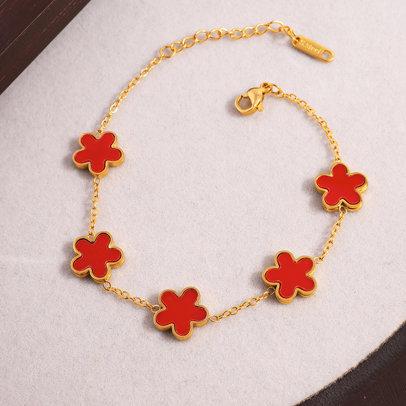 Exquisite Five Petal Flower Beaded Bracelet Titanium Steel Style_voghion.com