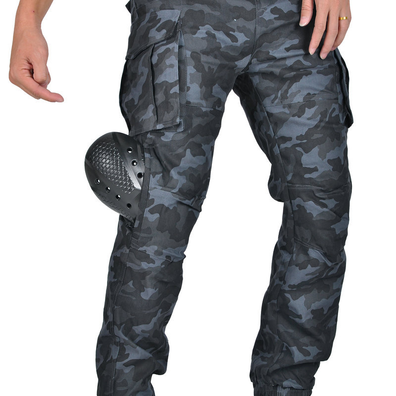 VOLERO pantalones de montar a caballo de la motocicleta de la vendimia pantalones vaqueros de la motocicleta de camuflaje negro multi-bolsa de herramientas de tobillo atado pantalones anti-caída