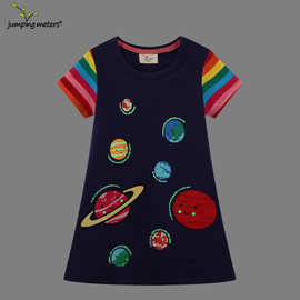 2023春夏季新品太空星球图案欧美风格女童连衣裙针织夏季童裙分销