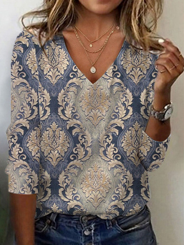 2025 Spring/Summer New Arrival European and American Cross-Border Independent Website Women's 3D Digital Print Fashion V-Neck Long-Sleeved Pullover T-Shirt