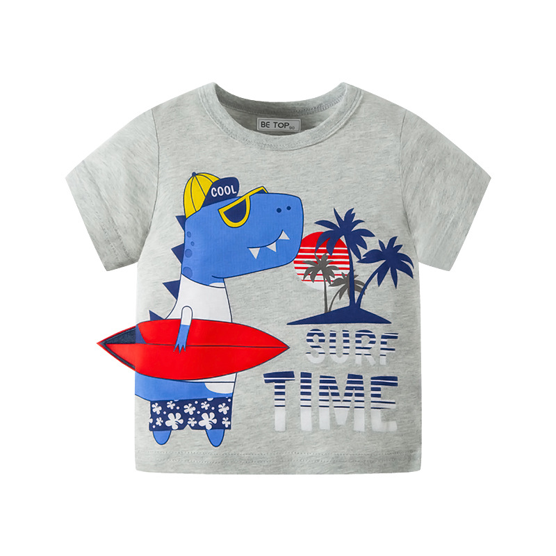 Camiseta de manga corta para niños directa de fábrica nueva entrega de una pieza superior de estilo occidental de media manga de algodón para niño de dinosaurio de dibujos animados