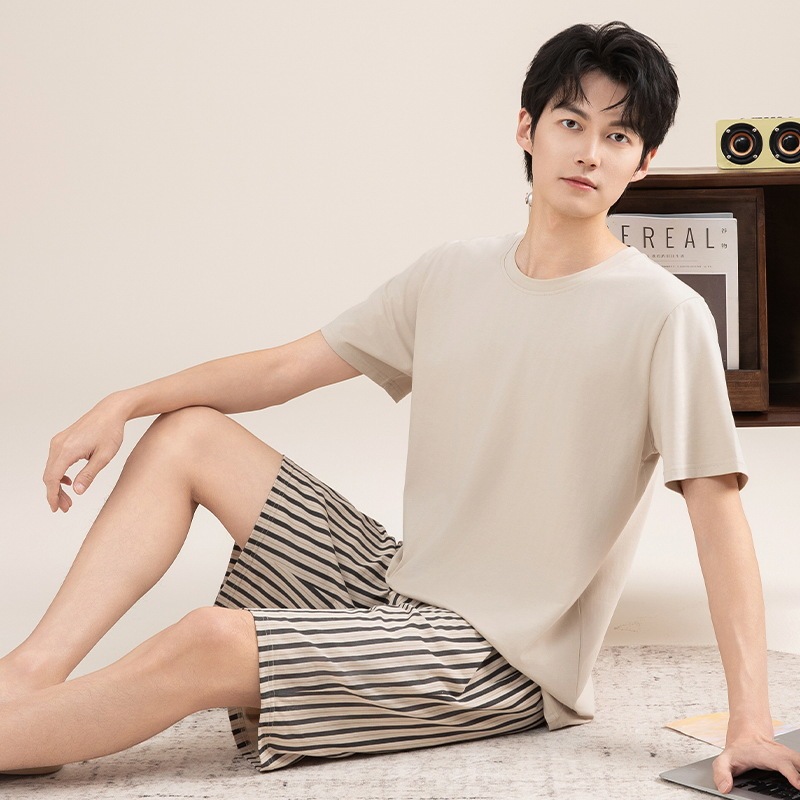 2025新型パジャマ男性夏純綿半袖長ズボンの薄いタイプのカジュアルな家庭服綿セット|undefined