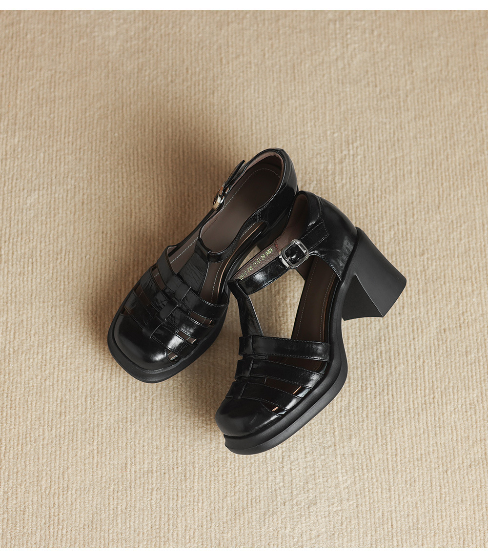 Sandal nữ phong cách La Mã gót dày 7 cm, mũi kín quai T, đế xuồng — màu nâu chi tiết 23
