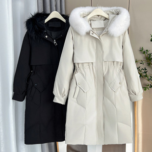 200kg fat girl winter slimming waist-tight fur collar down jacket plus size women's long warm jacket 1950