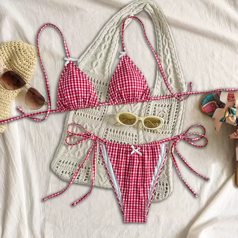 跨境格子比基尼时尚性感分体泳衣女欧美紧身聚拢绑带纯欲风
