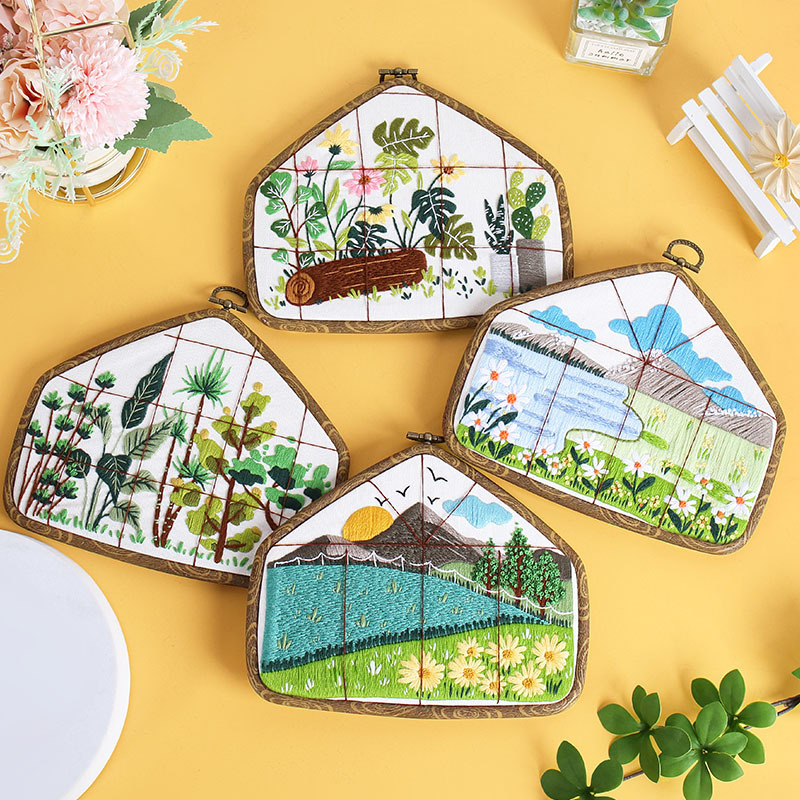 Paisaje bordado DIY material paquete hecho a mano flores y hierbas tela europea estereoscópico antiguo pinturas colgantes en inglés transfronterizo