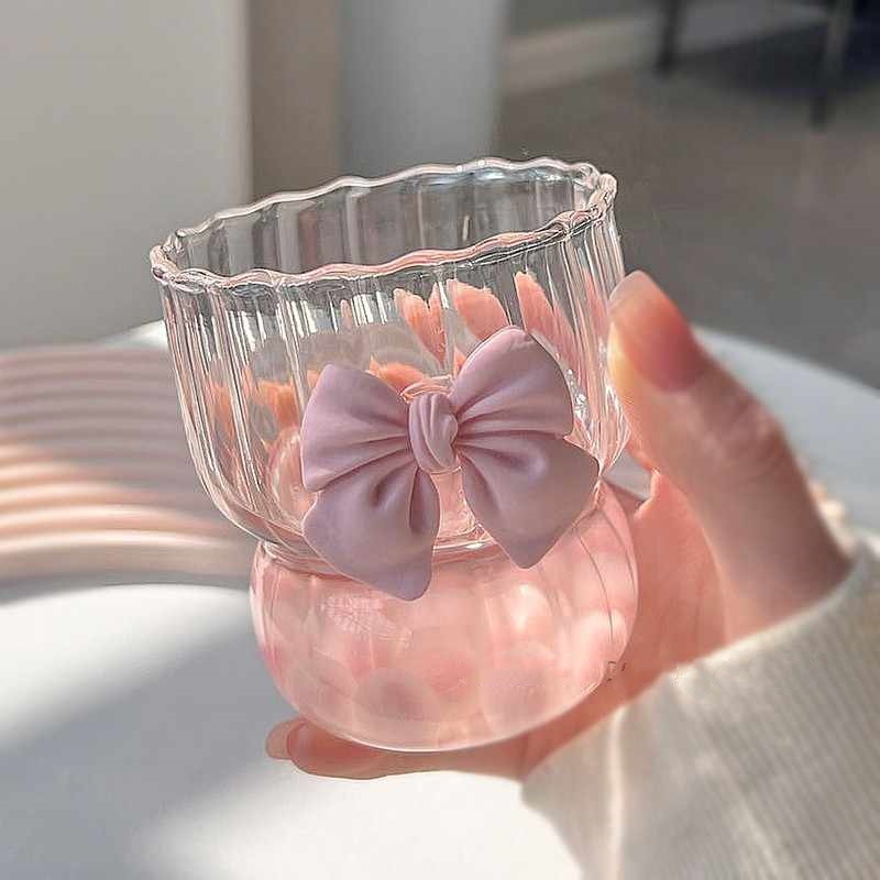 Taza de café resistente al calor con lazo rosa, taza de vidrio de borosilicato alto, patrón vertical, taza gorda, taza de té, corazón de niña