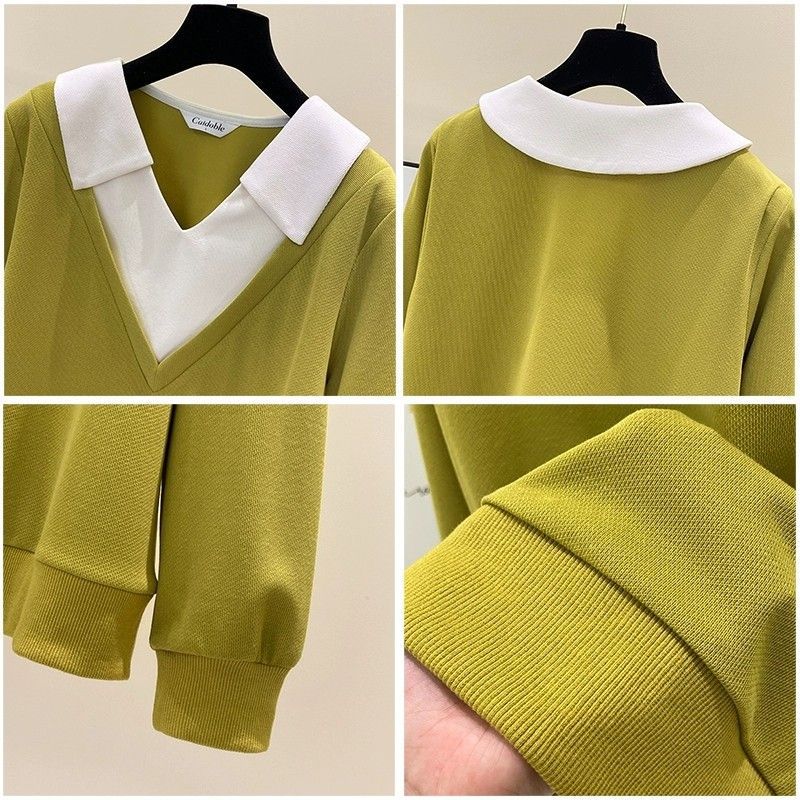 Plus Size Layered Polo Shirt – Slimming Long Sleeve Mock Two-Piece Top For Women (Green/Black, L-4XL, Up To 300lbs)_ecoleips.com
