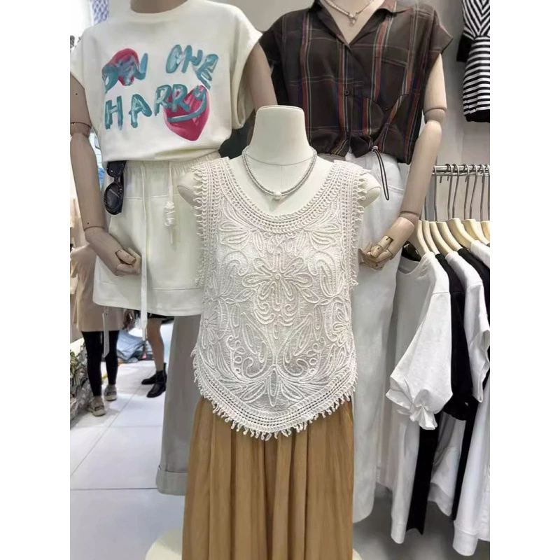 Летний дизайн чувствует нишу с круглым вырезом без рукавов с бахромированием Жаккардовый тонкий жилет короткий трикотажный топ женский