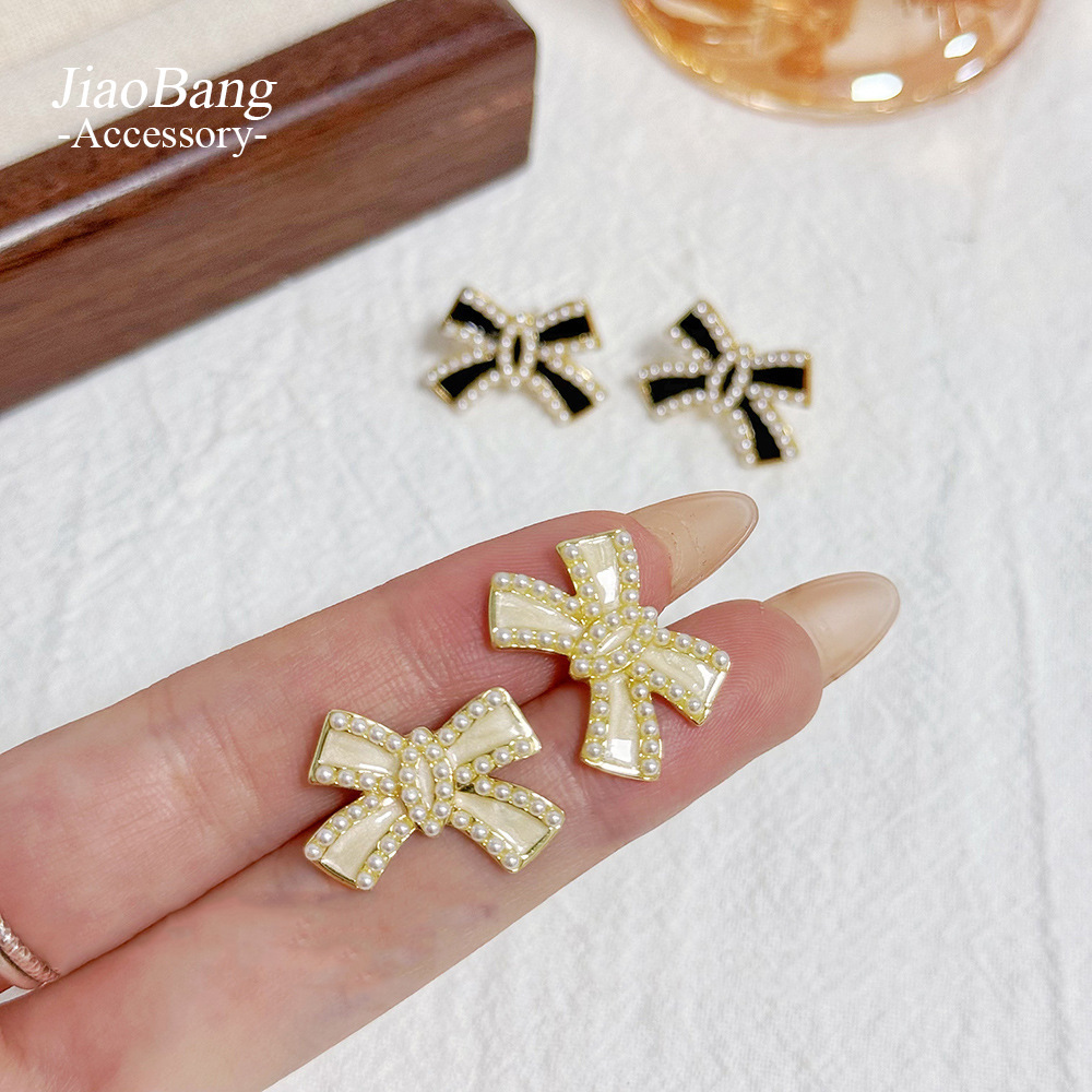retro universal elegant earrings pearl with bow
