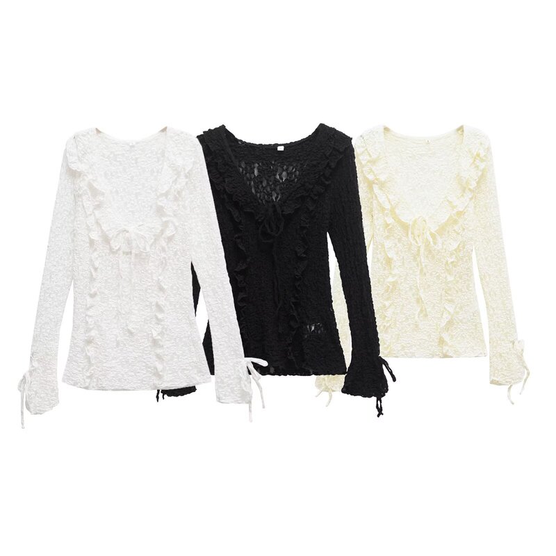 Foreign trade women's clothing wholesale European and American style laminated ruffled V-neck pleated stretch lace shirt women's western style top