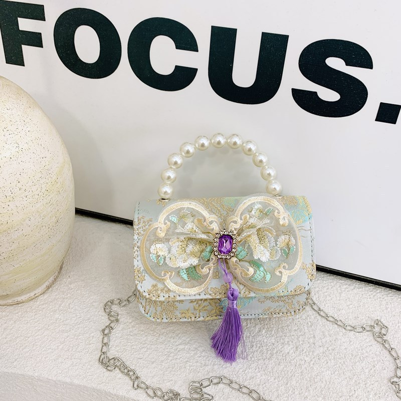 Bolsas de niños nuevas bolsas de mano de perlas de estilo nacional, bolsas de cadena de arco de bordilla princesa, bolsas de hombro de moda nacional de niñas lotes