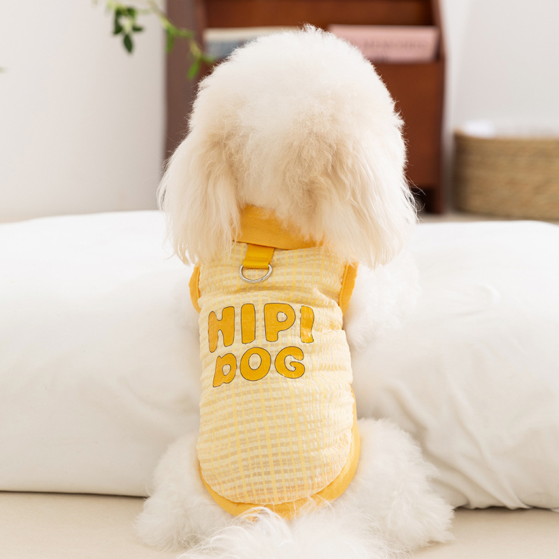 Chaleco para mascotas con solapa a cuadros de jacquard amarillo para perros de primavera y verano, ropa de gato delgada transpirable para perros pequeños y medianos