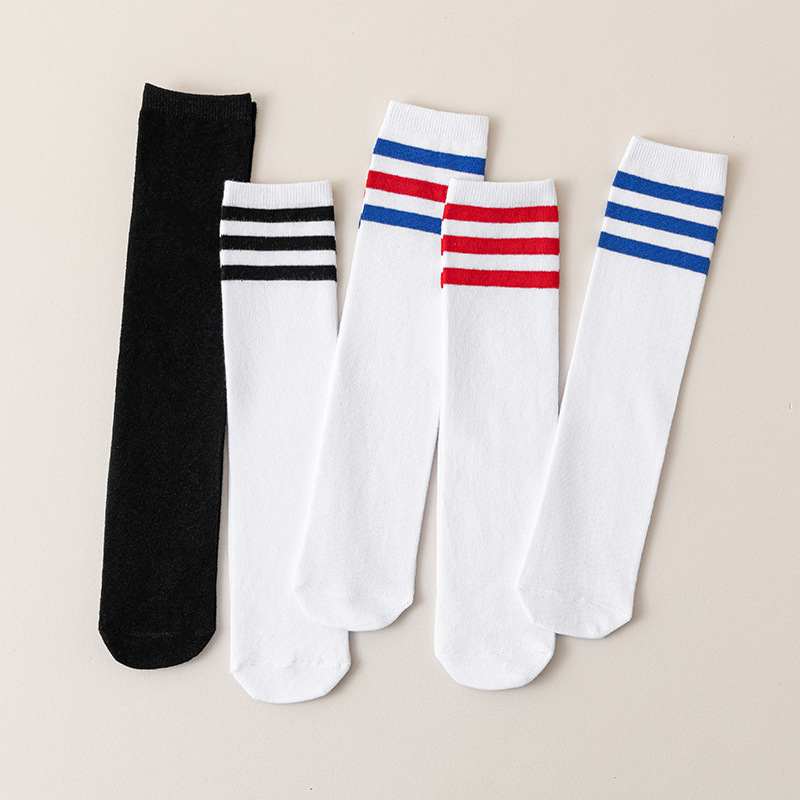 White Three-Stripe Mid-Tube Kidsren's Cotton Socks Straight Sports Football Socks Performance Socks Long-Tube Student Socks School Uniform Socks for Women