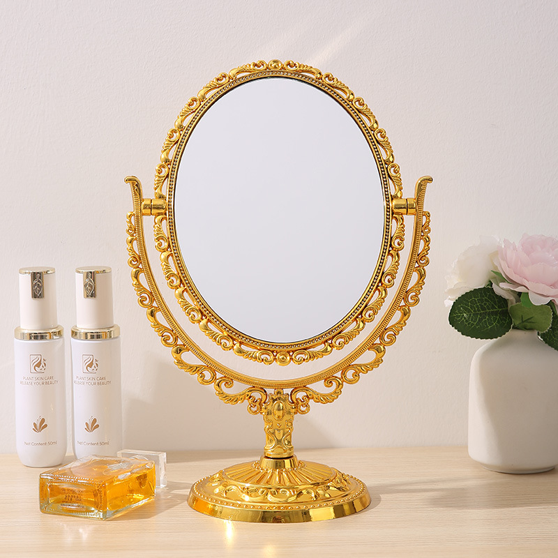 Espejo de maquillaje de doble cara de galvanoplastia de lujo retro de estilo europeo, tocador, decoración de escritorio para dormitorio, espejo de princesa francés portátil