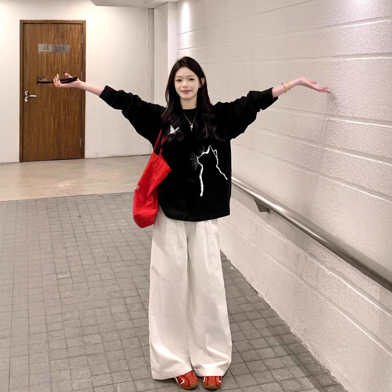 Black Pure Cotton Long-Sleeved T-Shirt for Women in Spring and Autum Creative Cat New Niche Fashion Versatile Loose Casual Top