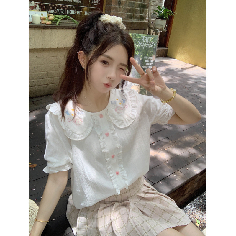 Sweet and Cute Cartoon Embroidered Doll Collar Shirt for Women, 2026 Summer Versatile Design with Unique Puff Sleeves