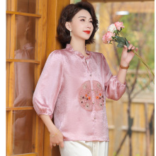 中老年妈妈洋气小衫春季国风上衣中年人女春夏装套装阔太太雪纺衫