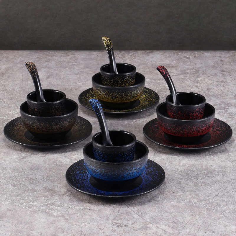 Melamine Hot Pot Restaurant Tableware Set of Four, Imitation Porcelain Japanese Restaurant Tableware, Plastic Bowls, Plates, Cups, and Spoons Set for Commercial Use
