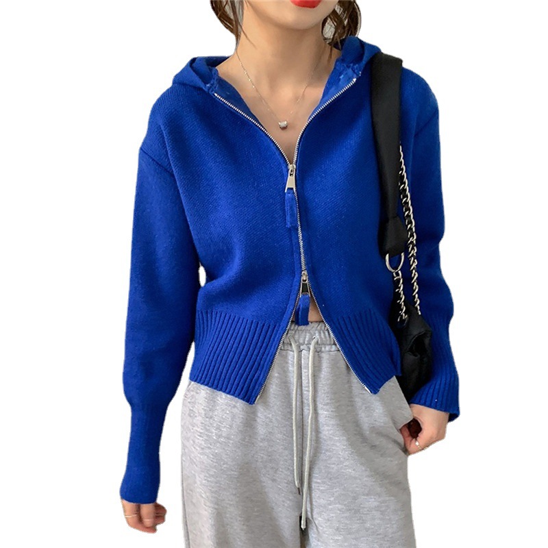 Cárdigan de punto con cremallera de color liso para mujer, chaqueta corta con capucha a la moda, primavera y otoño, nuevo estilo, para personas pequeñas, 2024 image 7