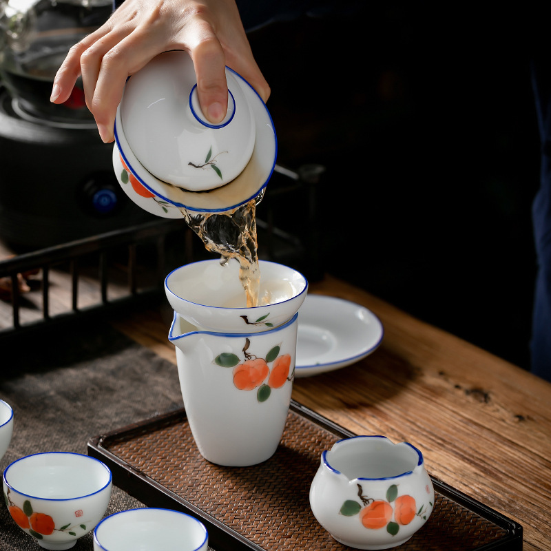 Juego de té de Kung Fu de cerámica de estilo japonés traje de hogar pintado a mano porcelana blanca sancai Tazón de cubierta taza de té tetera