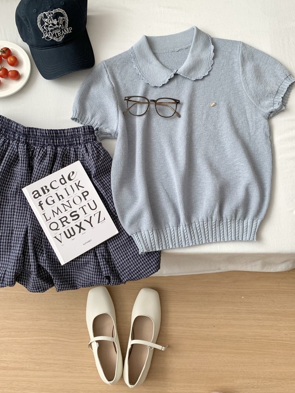 韓国ベビードールカラー半袖Tシャツ夏の新しい甘い年齢を減らす気質ニットセーターレースレーストップ|undefined