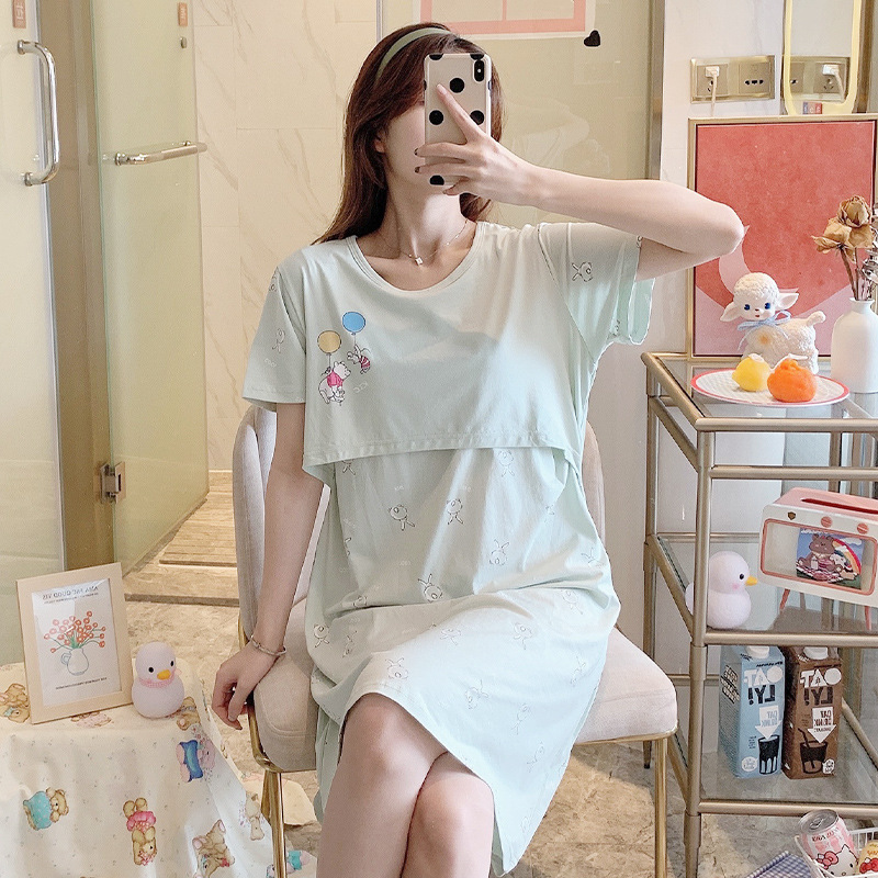 Lycra Cotton Nightgown Women's Summer Korean Style Fresh and Cute Pregnant Women's Pajamas Loose Large Size Home Clothes Nursing Clothes