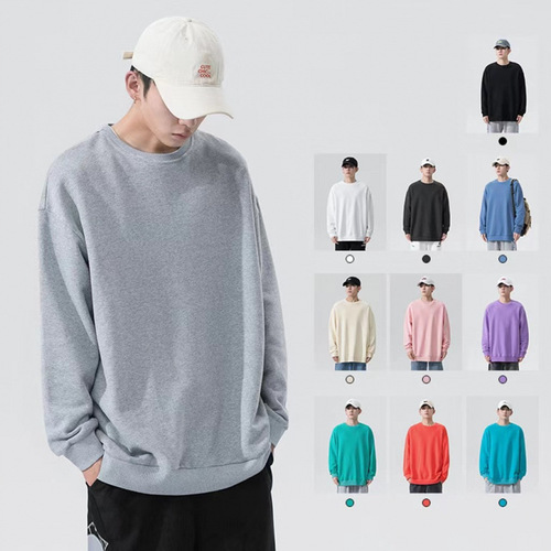 Men's thin round neck pullover hoodie, pure color, spring and autumn season, pure color trend, loose and versatile casual outerwear