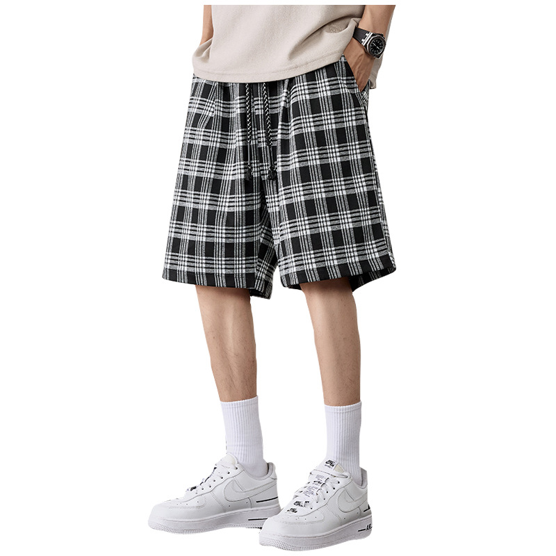 Pantalones cortos a cuadros de gran tamaño para hombres, estilo fino de verano, transpirable y suelto, estilo de Hong Kong, pantalones de cinco puntos más gordos para hombres