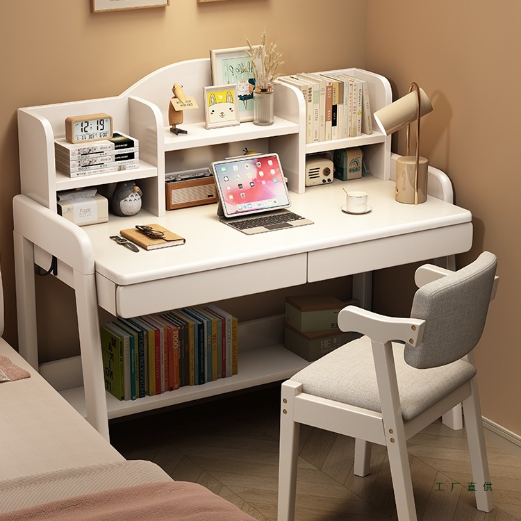 Solid Wood Children's Study Table, Primary and Secondary School Students' Home Desk, Bookshelf, Integrated Table, Bedroom Liftable Writing Desk and Chair