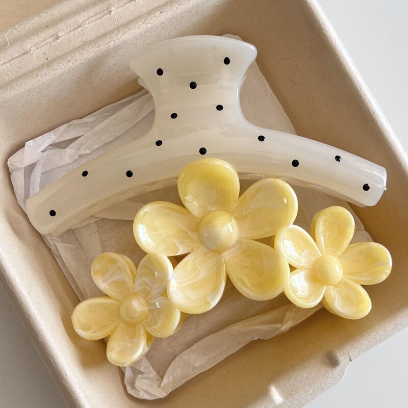 Korean-Style Gentle Polka Dot Hair Clip, Stylish Creamy Yellow Gradient Three-Dimensional Flower Sunflower Shark Clip Hairpin