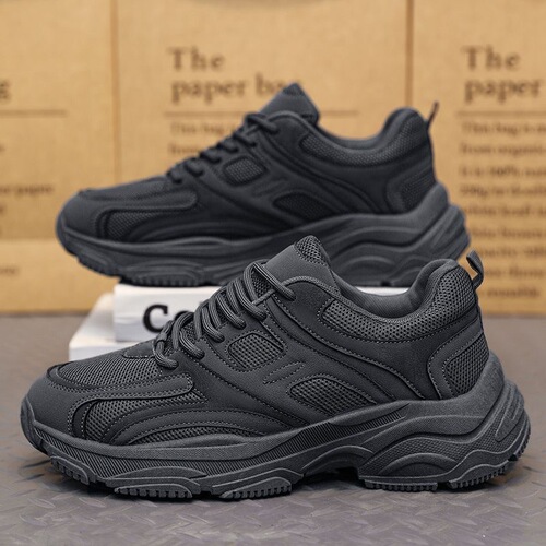Pure Black Men's Shoes Spring 2025 New Work Safety Shoes Non-Slip Wear-resistant Men's Running Sports Dad Shoes Thick Sole