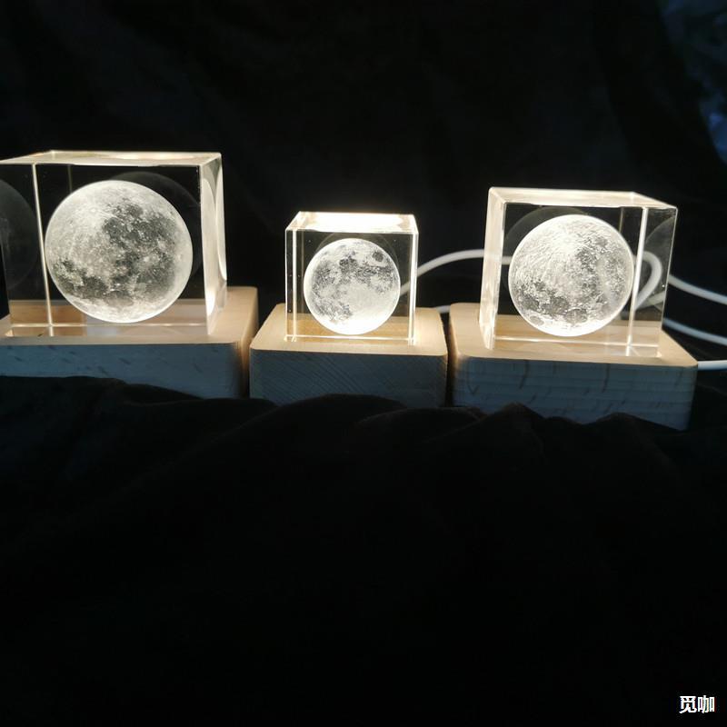 中秋节礼物创意水晶摆件发光月球小夜灯正方体工艺品生日礼品