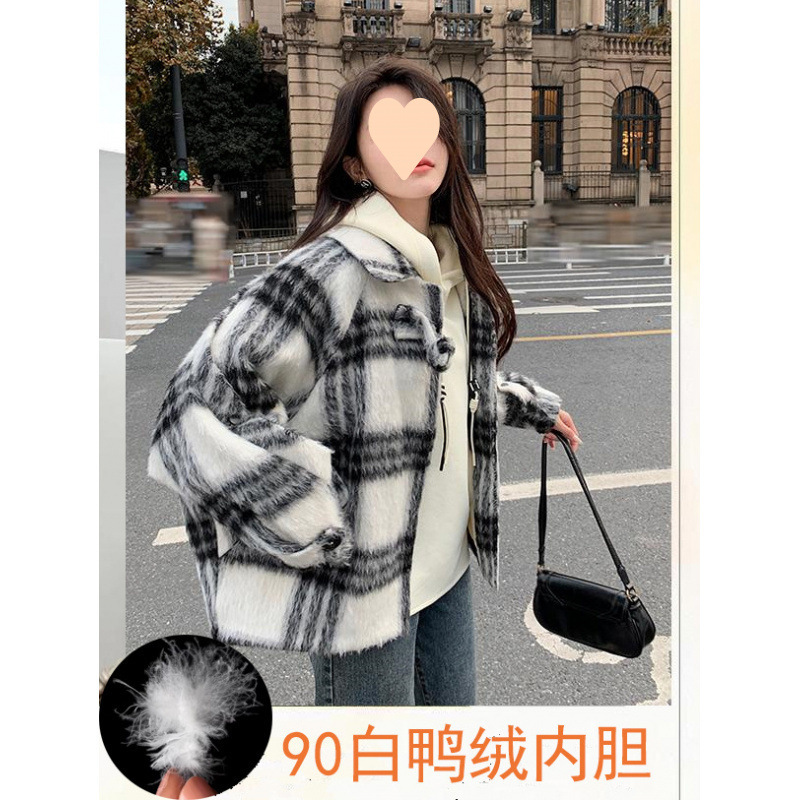 90 White Goose Down Inner Liner Autumn/Winter Women's Wool Felt Checkered Thick Simple Fashion Top Coat Down Jacket