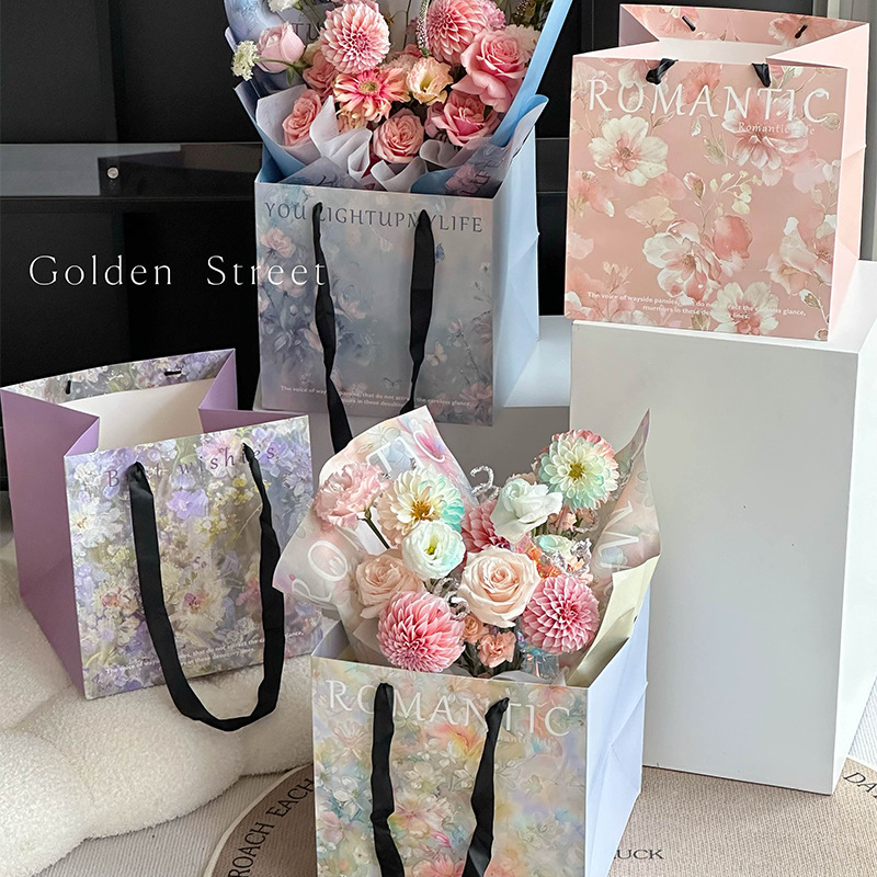 西西里油画风鲜花手提袋花束包装材料花店花艺手工diy礼物礼品袋