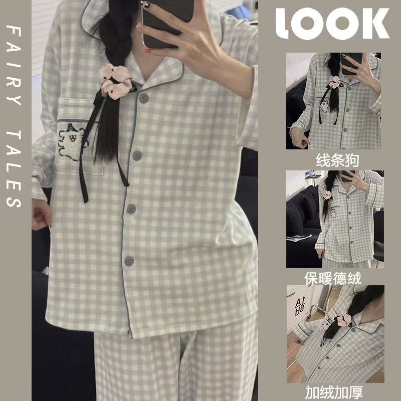 秋冬季睡衣女德绒加厚保暖卡通可爱兔子韩版舒适休闲风家居服套装|undefined