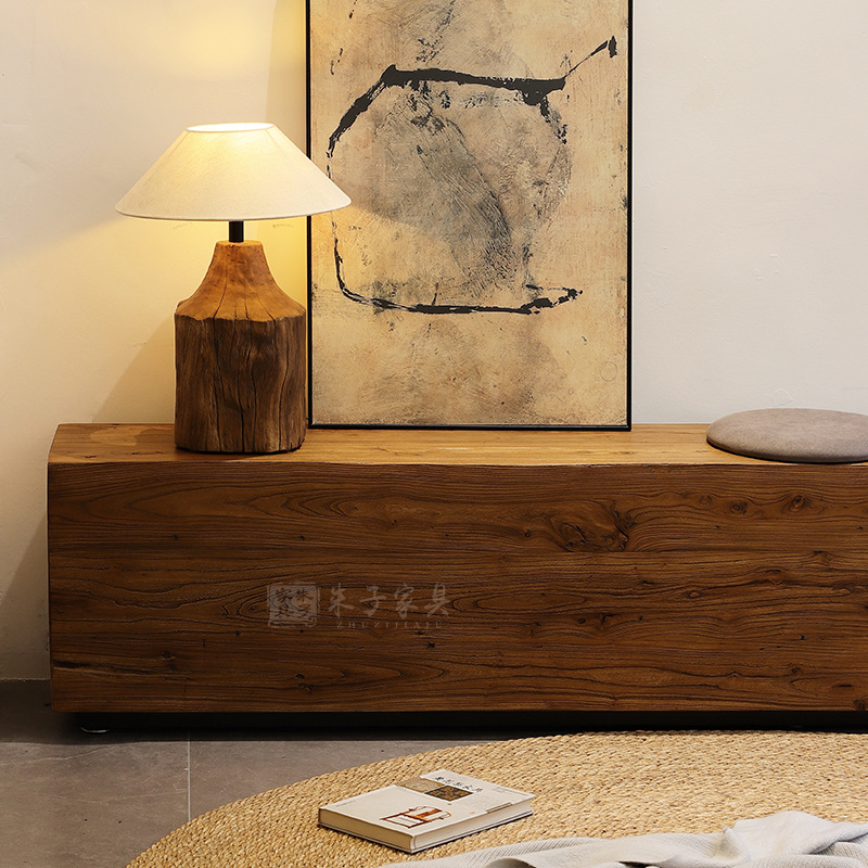 Customized Wabi-Sabi Style Floor-Standing Tv Cabinet for Living Room, Home Use, Solid Wood Long Cabinet, Dual-Purpose Bench, Vintage-Style Furniture for Guesthouses